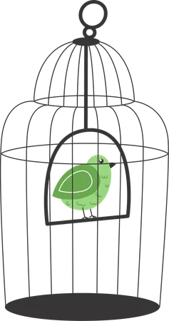 Pequeño pájaro cantor verde en un columpio dentro de una jaula de alambre moderna  Ilustración