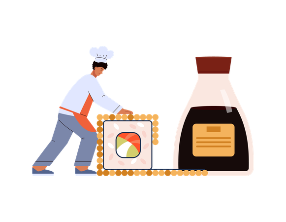 Pequeno personagem cozinheiro de sushi preparando rolinhos  Ilustração