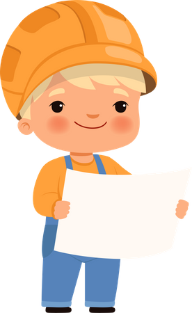 Pequeño trabajador de la construcción sosteniendo pancarta  Ilustración