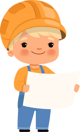 Pequeño trabajador de la construcción sosteniendo pancarta  Ilustración