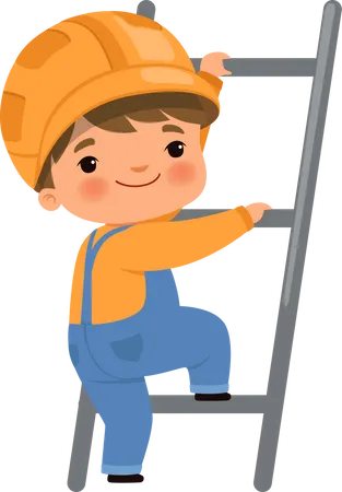 Pequeño trabajador en la escalera  Ilustración