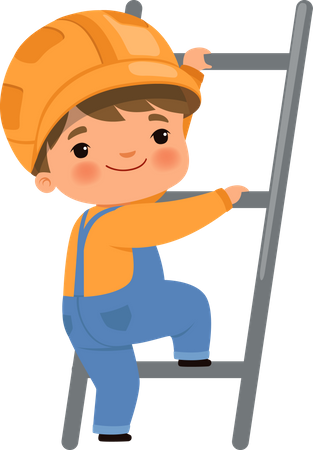 Pequeño trabajador en la escalera  Ilustración