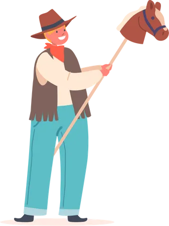 Pequeño vaquero con caballo de juguete en palo  Ilustración