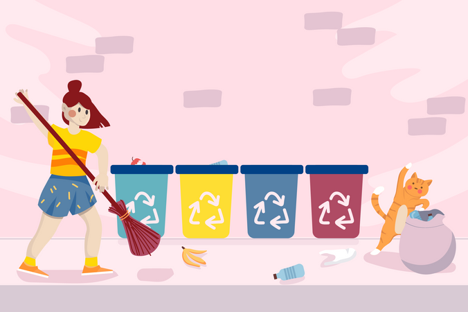 Pequeño voluntario barriendo basura en la ciudad  Ilustración