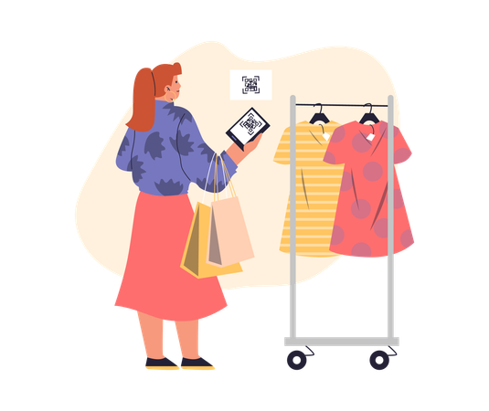 Percha de compras para chica con vestidos escaneados con código QR  Ilustración