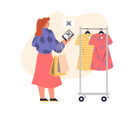 Percha de compras para chica con vestidos escaneados con código QR  Ilustración