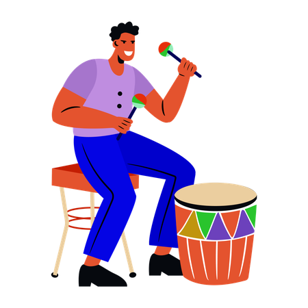 Percusionista masculino tocando el tambor  Ilustración