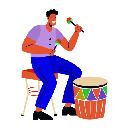 Percusionista masculino tocando el tambor  Ilustración