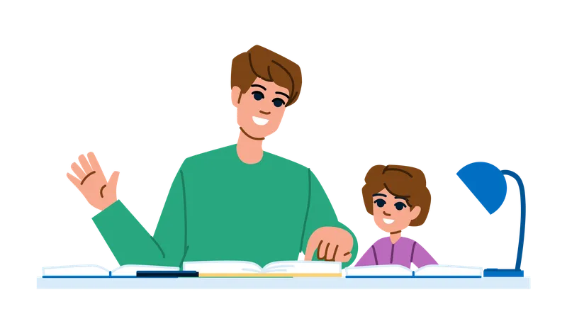 Père aidant son fils à faire ses devoirs  Illustration