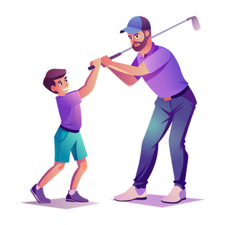 Un père enseigne le golf à son fils  Illustration