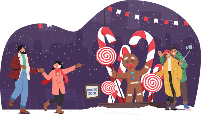 Père avec des personnages de fille à la zone photo de la foire de Noël avec un bonhomme en pain d'épice  Illustration