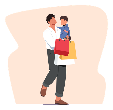 Père avec petit fils sur les mains tenant des sacs en papier colorés  Illustration