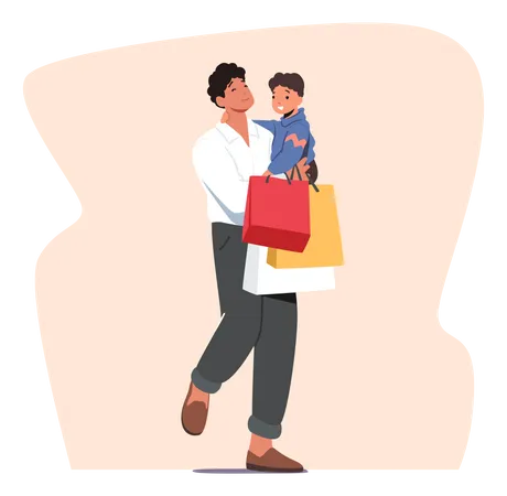 Père avec petit fils sur les mains tenant des sacs en papier colorés  Illustration