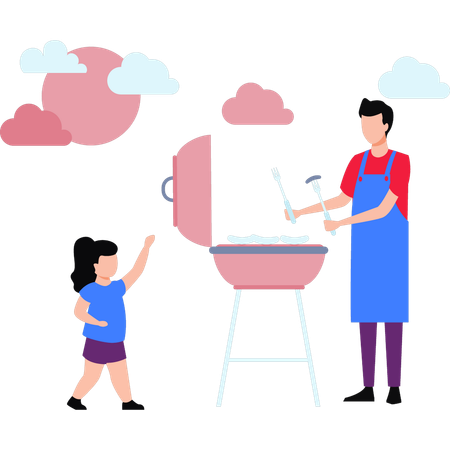 Père faisant un barbecue en plein air  Illustration