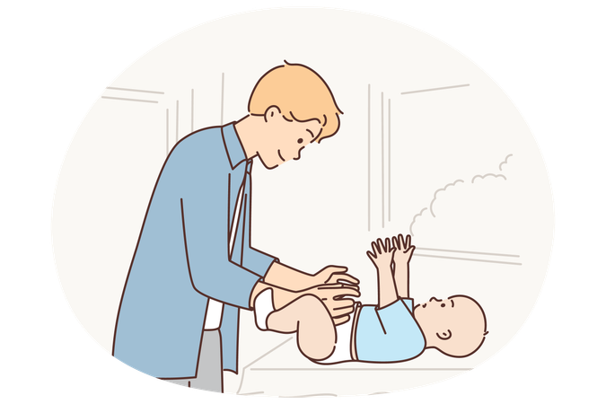 Un père change la couche de son bébé allongé sur la table à langer et prend soin de son petit nouveau-né  Illustration
