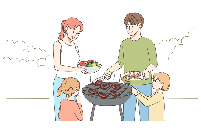 Père cuisinant un barbecue dans la cour  Illustration