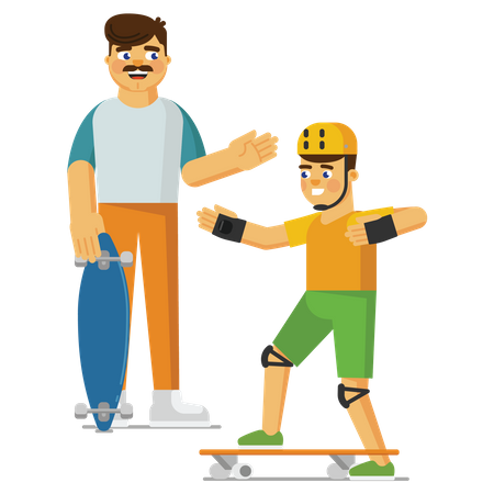 Père enseignant à son fils comment faire du skateboard  Illustration