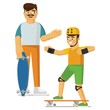 Père enseignant à son fils comment faire du skateboard  Illustration