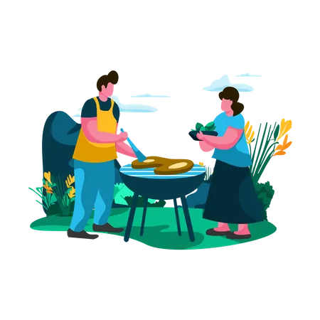 Père et enfant faisant un barbecue dans la cour  Illustration