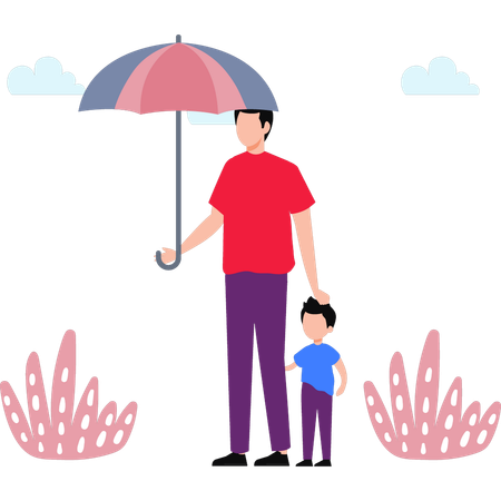 Père et enfant debout sous un parapluie  Illustration