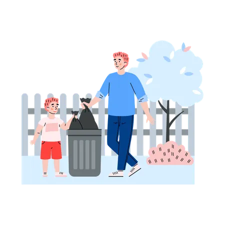 Père et enfant en train de ranger le jardin  Illustration