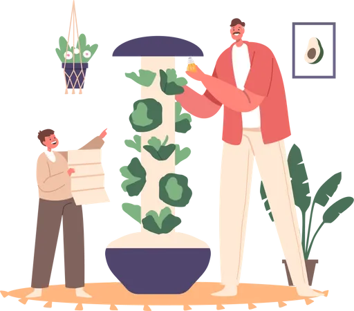 Père et enfant s'adonnent au jardinage domestique  Illustration