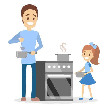 Père et fille préparant le dîner ou le déjeuner à la maison  Illustration