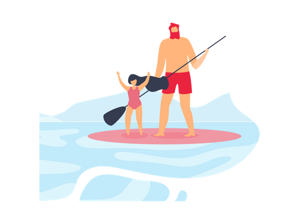 Père et fille heureuse debout et équitation planche de surf  Illustration