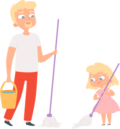 Père et fille nettoyant le sol ensemble  Illustration