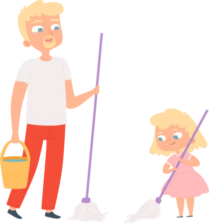 Père et fille nettoyant le sol ensemble  Illustration