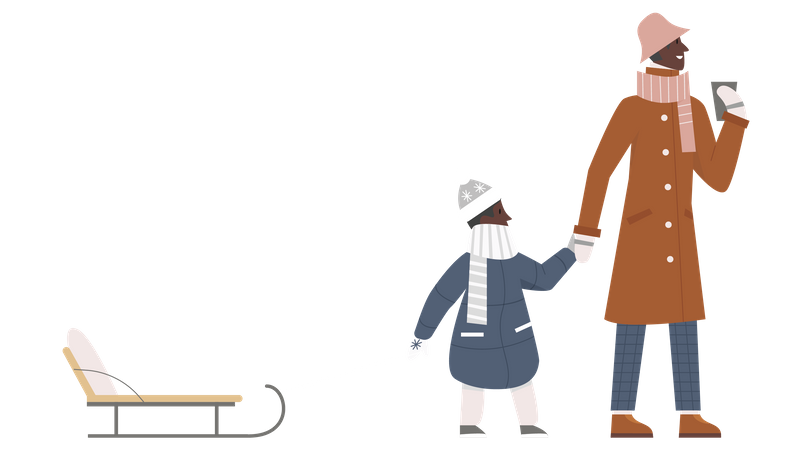 Père et fils avec traîneau  Illustration