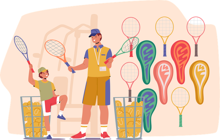 Un père et son fils choisissent une nouvelle raquette pour jouer au tennis dans un magasin d'articles de sport  Illustration