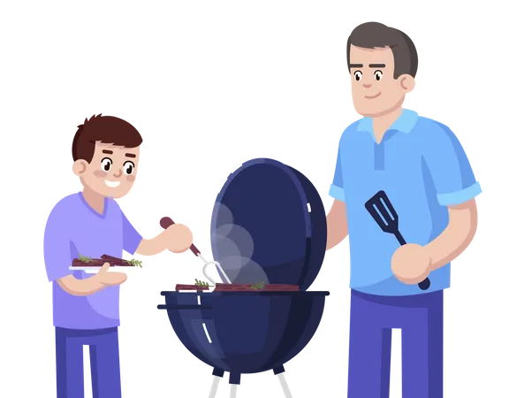 Père et fils cuisinant un barbecue ensemble  Illustration