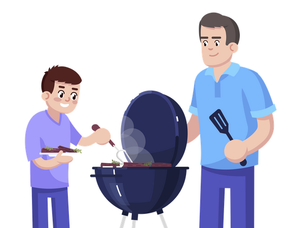 Père et fils cuisinant un barbecue ensemble  Illustration