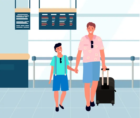 Père et fils entrant à l'aéroport  Illustration