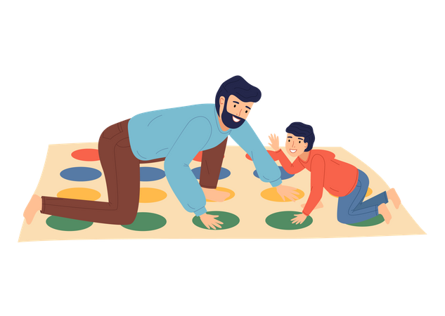 Père et fils jouant à Twister au sol  Illustration