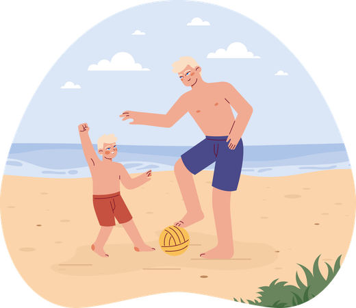 Père et fils jouant au ballon de plage  Illustration