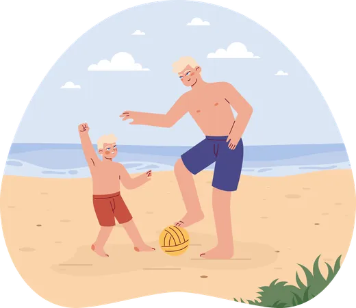 Père et fils jouant au ballon de plage  Illustration