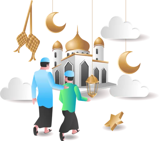 Père et fils musulmans allant à la mosquée  Illustration