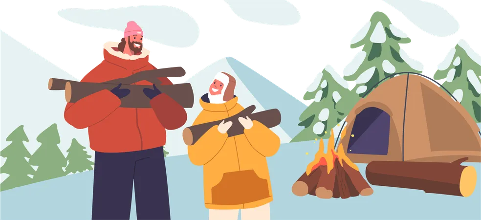 Père et fils ramassant des broussailles pendant une aventure de camping d'hiver  Illustration