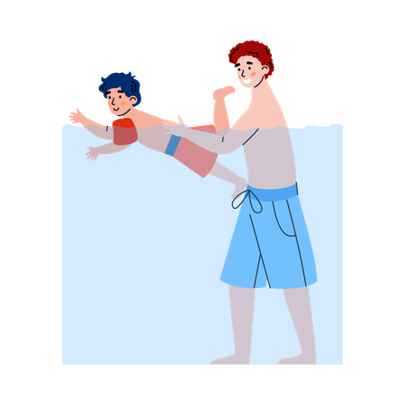 Père et fils s'amusent dans la piscine  Illustration