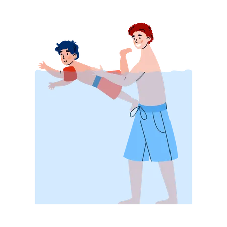 Père et fils s'amusent dans la piscine  Illustration