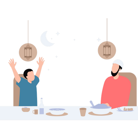 Père et fils sont assis à la table à manger  Illustration