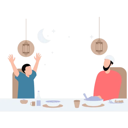 Père et fils sont assis à la table à manger  Illustration