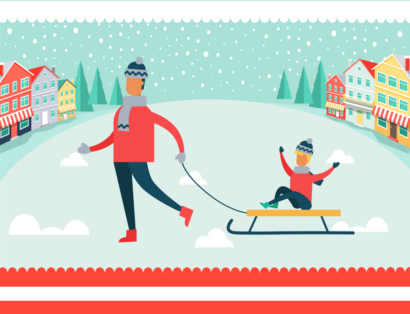 Père et fils sur un traîneau en hiver  Illustration