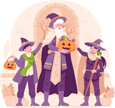 Père, son fils et sa fille vêtus de costumes d'Halloween prêts à tromper ou à traiter  Illustration