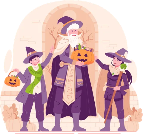 Père, son fils et sa fille vêtus de costumes d'Halloween prêts à tromper ou à traiter  Illustration