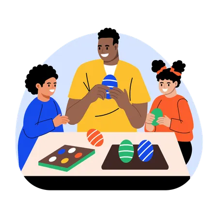 Un père fait un bricolage de Pâques avec ses enfants  Illustration