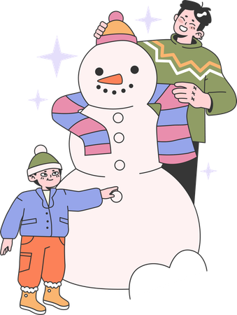 Père faisant un bonhomme de neige avec son fils caché  Illustration