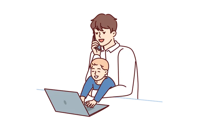 Un père indépendant avec un bébé dans les bras travaille avec un ordinateur portable et passe un appel téléphonique pendant la quarantaine  Illustration
